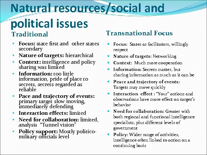 Natural resources/social and political issues Traditional Transnational Focus • Focus: state first and other