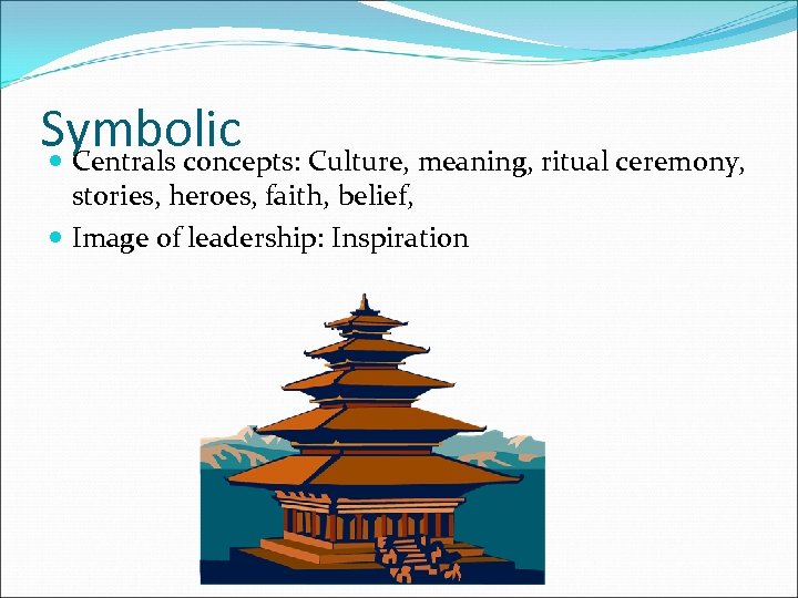 Symbolic Centrals concepts: Culture, meaning, ritual ceremony, stories, heroes, faith, belief, Image of leadership: