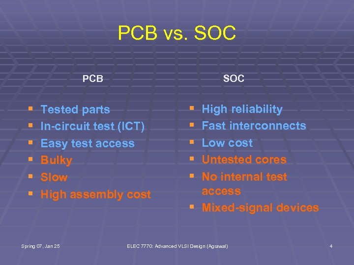PCB vs. SOC PCB § § § SOC Tested parts In-circuit test (ICT) Easy