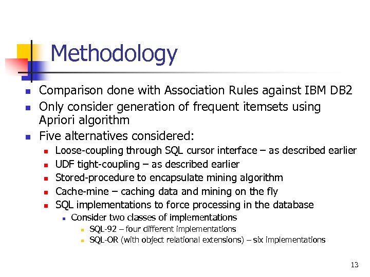 Methodology n n n Comparison done with Association Rules against IBM DB 2 Only