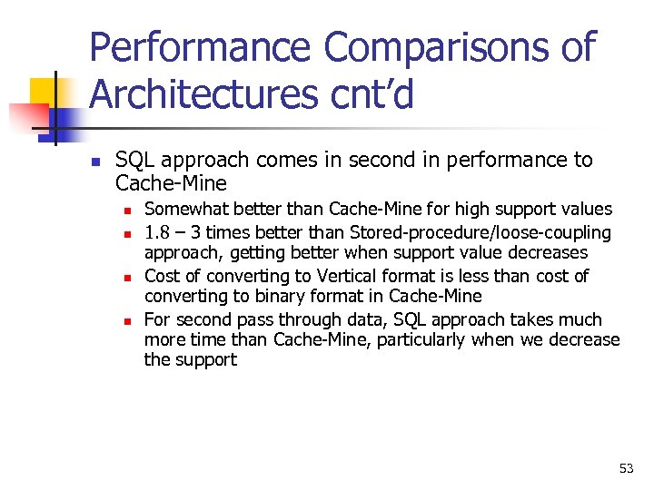 Performance Comparisons of Architectures cnt’d n SQL approach comes in second in performance to