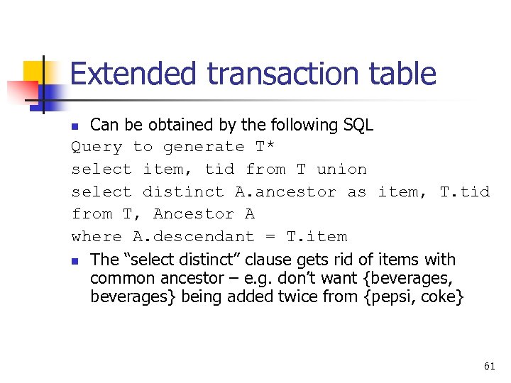 Extended transaction table Can be obtained by the following SQL Query to generate T*