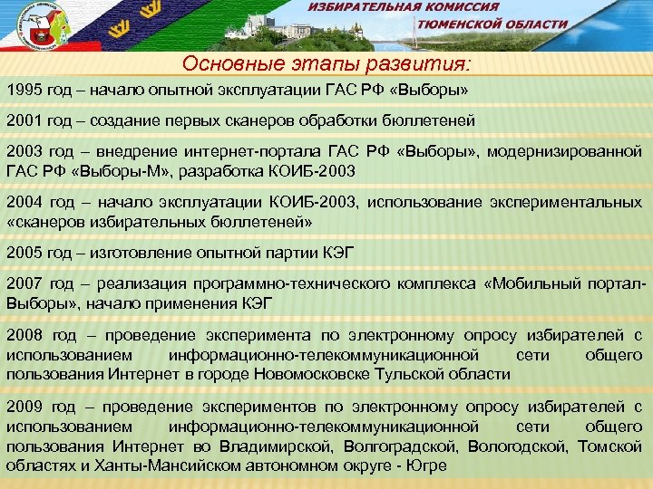 Основные этапы развития: 1995 год – начало опытной эксплуатации ГАС РФ «Выборы» 2001 год