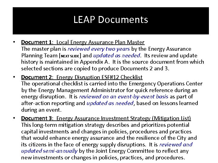 LEAP Documents • Document 1: Local Energy Assurance Plan Master The master plan is