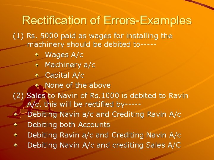 Rectification of Errors-Examples (1) Rs. 5000 paid as wages for installing the machinery should