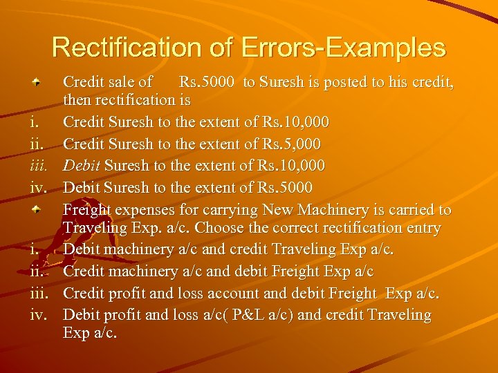 Rectification of Errors-Examples i. ii. iii. iv. Credit sale of Rs. 5000 to Suresh