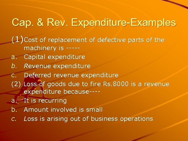 Cap. & Rev. Expenditure-Examples (1)Cost of replacement of defective parts of the a. b.