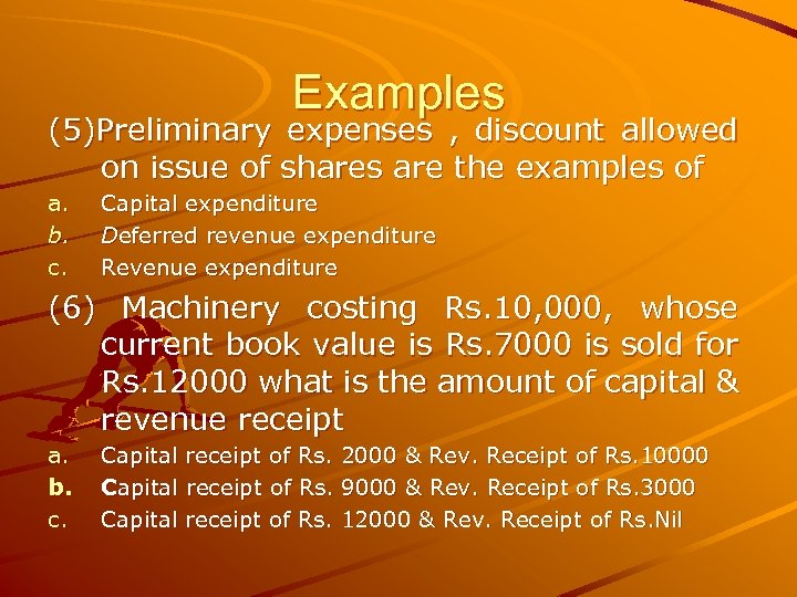 Examples (5)Preliminary expenses , discount allowed on issue of shares are the examples of
