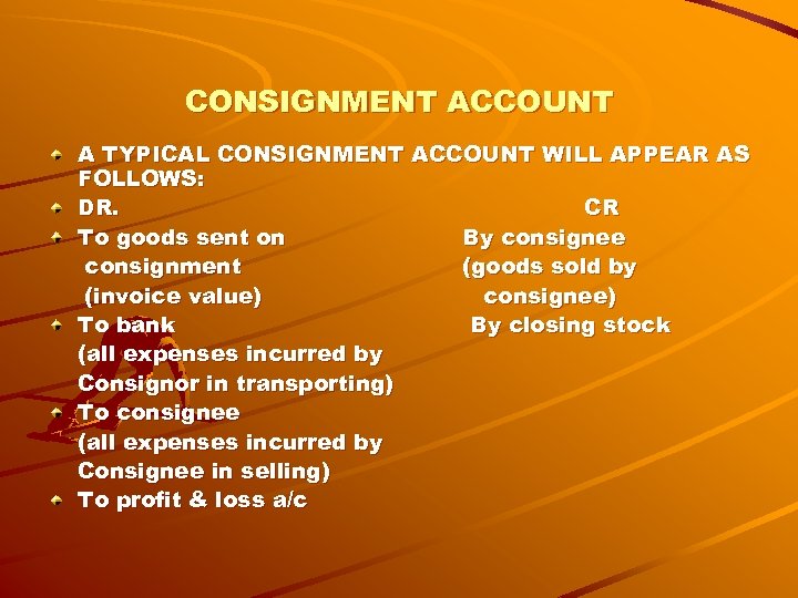CONSIGNMENT ACCOUNT A TYPICAL CONSIGNMENT ACCOUNT WILL APPEAR AS FOLLOWS: DR. CR To goods