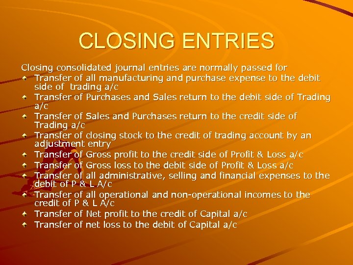 CLOSING ENTRIES Closing consolidated journal entries are normally passed for Transfer of all manufacturing