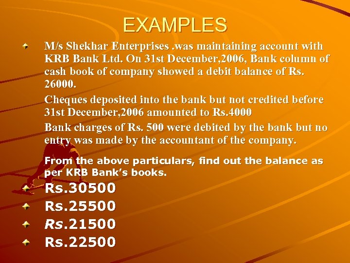 EXAMPLES M/s Shekhar Enterprises. was maintaining account with KRB Bank Ltd. On 31 st