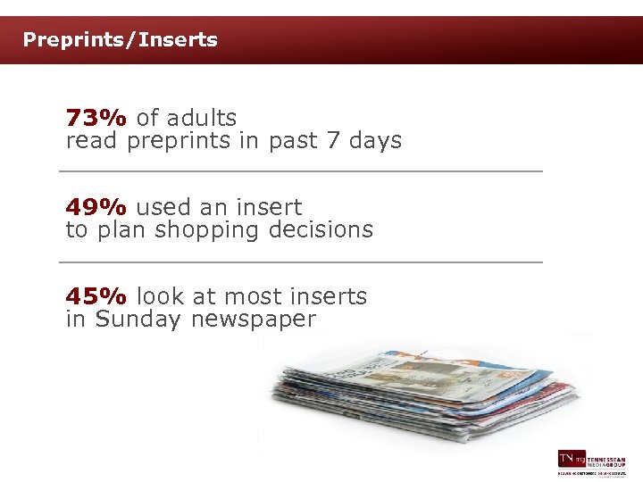 Preprints/Inserts 73% of adults read preprints in past 7 days 49% used an insert