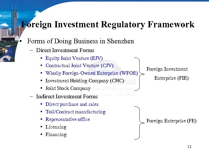 Foreign Investment Regulatory Framework • Forms of Doing Business in Shenzhen – Direct Investment