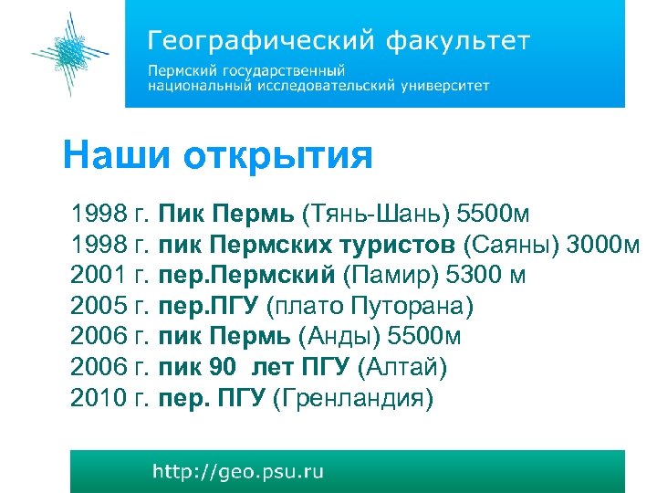 Наши открытия 1998 г. Пик Пермь (Тянь-Шань) 5500 м 1998 г. пик Пермских туристов