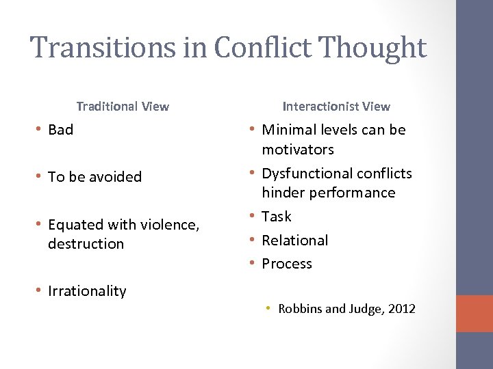 Transitions in Conflict Thought Traditional View • Bad • To be avoided • Equated