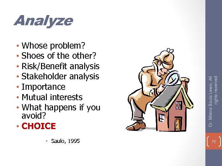  • Whose problem? • Shoes of the other? • Risk/Benefit analysis • Stakeholder