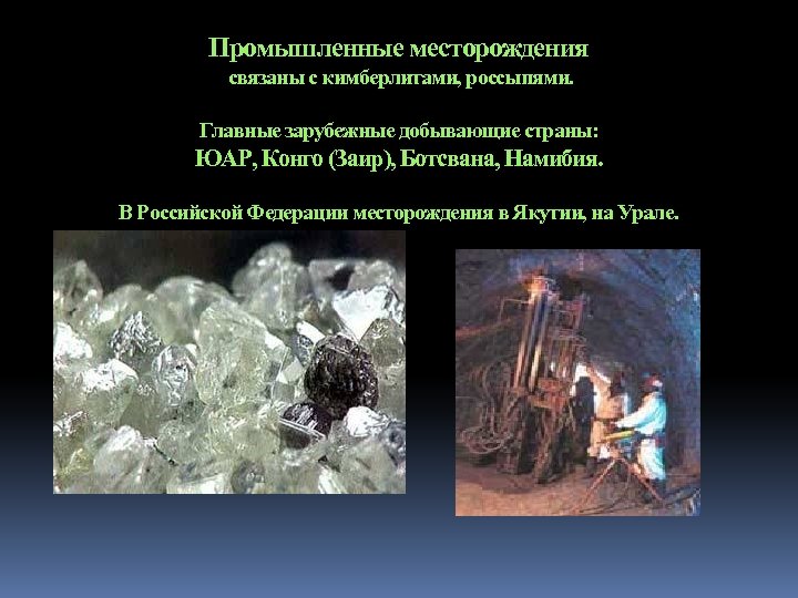Промышленные месторождения связаны с кимберлитами, россыпями. Главные зарубежные добывающие страны: ЮАР, Конго (Заир), Ботсвана,
