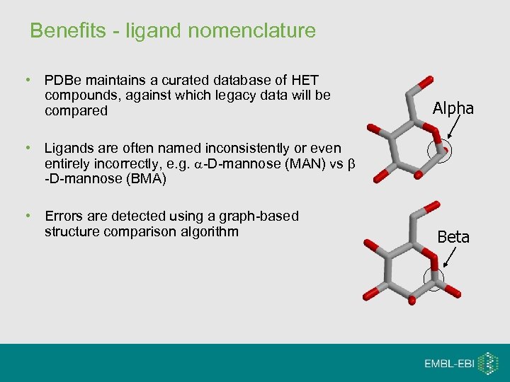 Benefits - ligand nomenclature • PDBe maintains a curated database of HET compounds, against