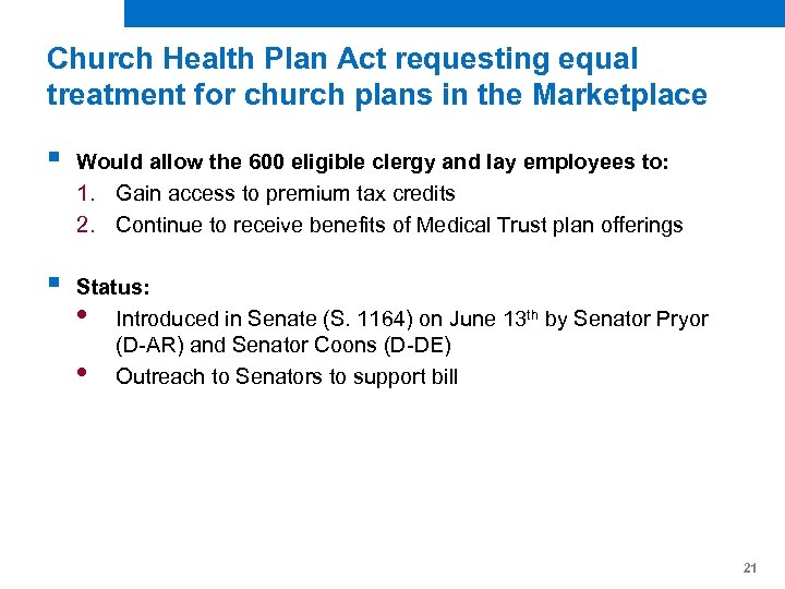 Church Health Plan Act requesting equal treatment for church plans in the Marketplace §