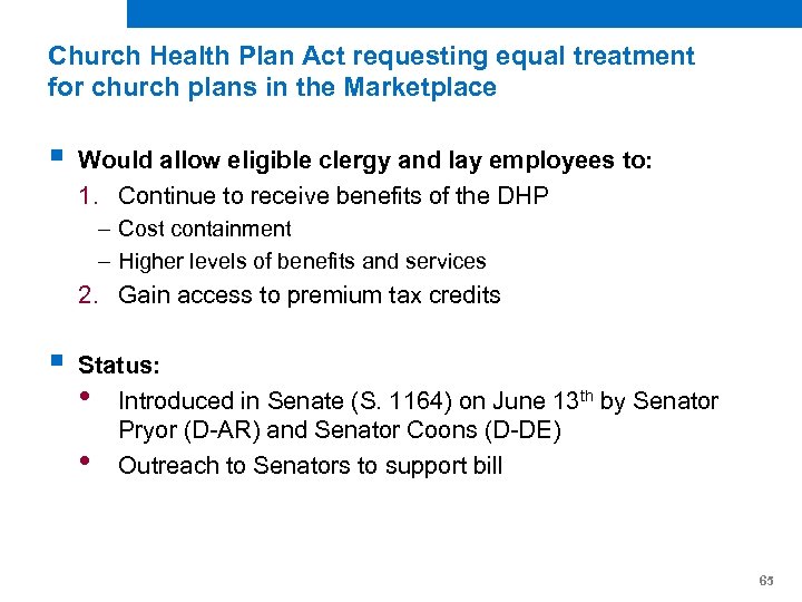 Church Health Plan Act requesting equal treatment for church plans in the Marketplace §