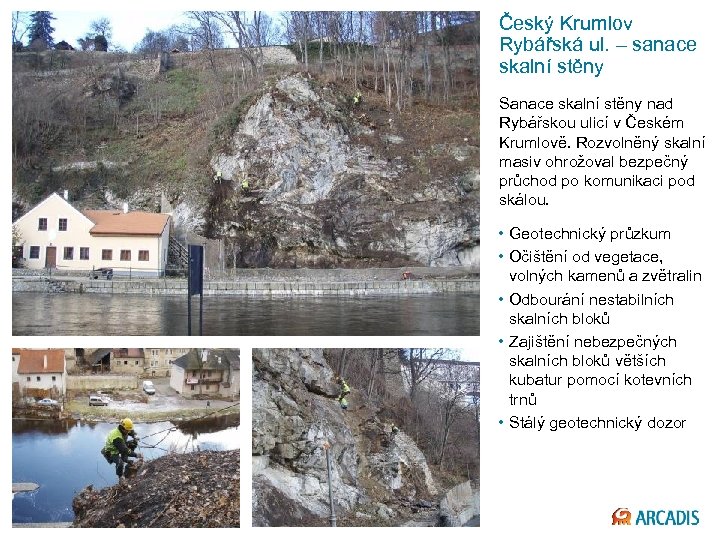 Český Krumlov Rybářská ul. – sanace skalní stěny Sanace skalní stěny nad Rybářskou ulicí