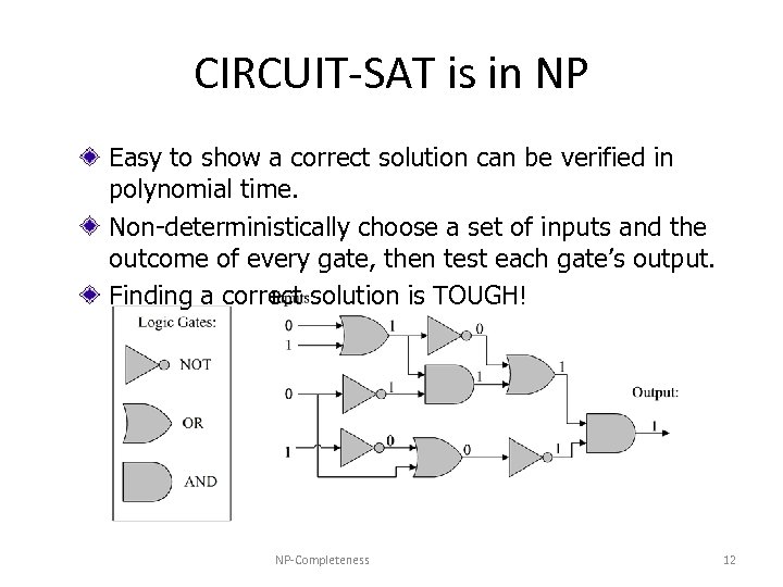 CIRCUIT-SAT is in NP Easy to show a correct solution can be verified in