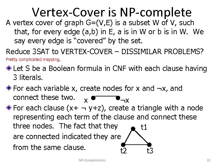 Vertex-Cover is NP-complete A vertex cover of graph G=(V, E) is a subset W