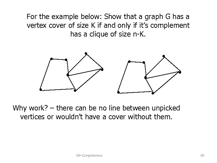 For the example below: Show that a graph G has a vertex cover of