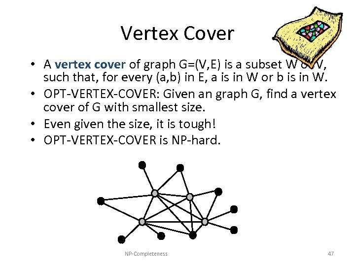 Vertex Cover • A vertex cover of graph G=(V, E) is a subset W