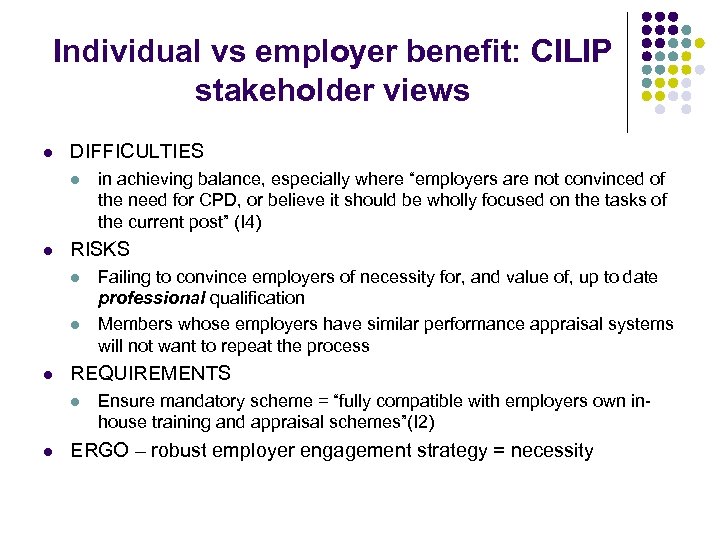 Individual vs employer benefit: CILIP stakeholder views l DIFFICULTIES l l RISKS l l