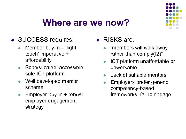 Where are we now? l SUCCESS requires: l l Member buy-in – ‘light touch’