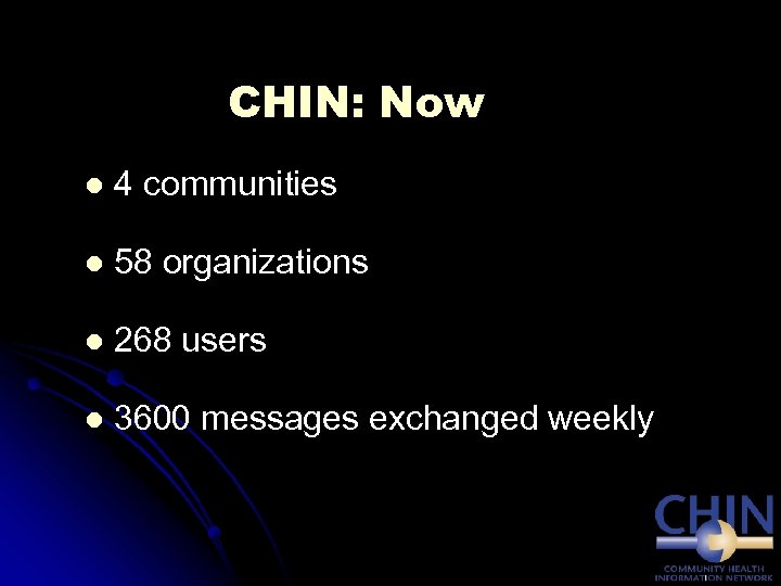 CHIN: Now l 4 communities l 58 organizations l 268 users l 3600 messages