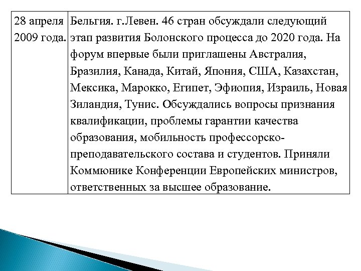28 апреля Бельгия. г. Левен. 46 стран обсуждали следующий 2009 года. этап развития Болонского