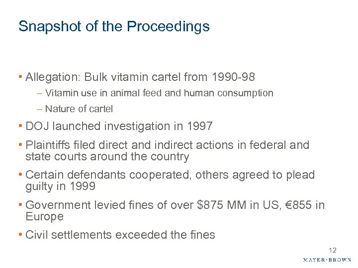 Snapshot of the Proceedings • Allegation: Bulk vitamin cartel from 1990 -98 – Vitamin