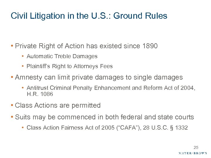 Civil Litigation in the U. S. : Ground Rules • Private Right of Action