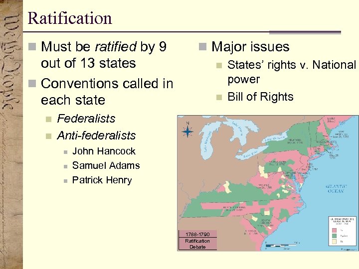 Ratification n Must be ratified by 9 n Major issues out of 13 states