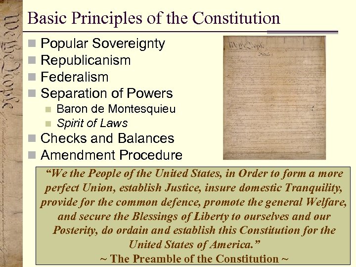 Basic Principles of the Constitution n n Popular Sovereignty Republicanism Federalism Separation of Powers