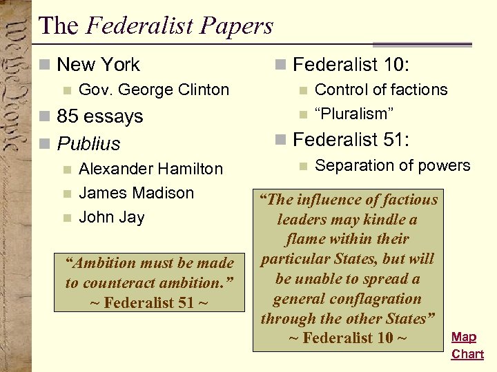 The Federalist Papers n New York n Gov. George Clinton n 85 essays n