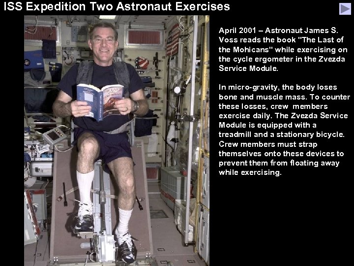 ISS Expedition Two Astronaut Exercises April 2001 – Astronaut James S. Voss reads the