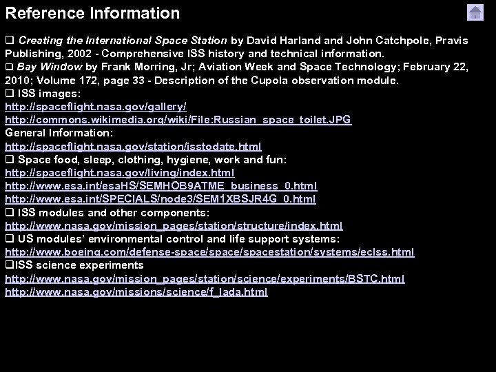 Reference Information q Creating the International Space Station by David Harland John Catchpole, Pravis