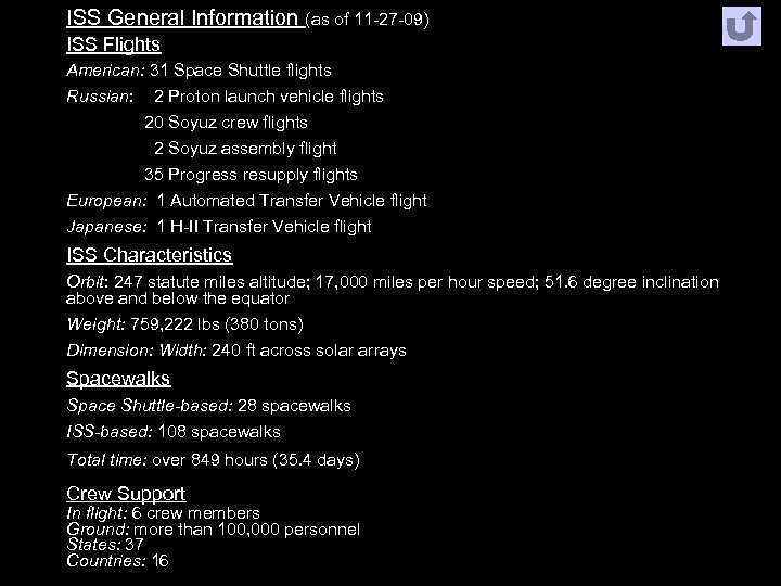 ISS General Information (as of 11 -27 -09) ISS Flights American: 31 Space Shuttle
