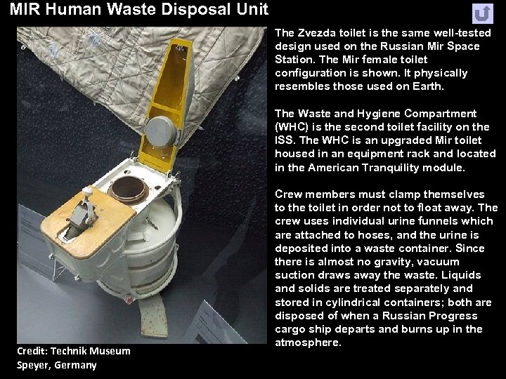 MIR Human Waste Disposal Unit The Zvezda toilet is the same well-tested design used