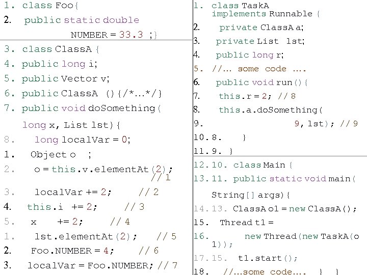 1. class Foo{ 2. public static double NUMBER = 33. 3 ; } 3.