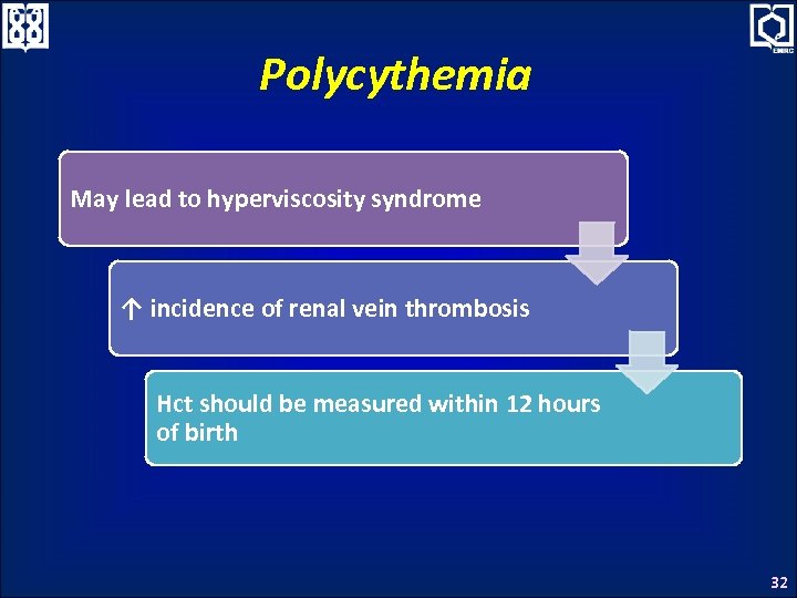 Polycythemia May lead to hyperviscosity syndrome ↑ incidence of renal vein thrombosis Hct should