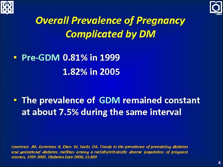 Overall Prevalence of Pregnancy Complicated by DM • Pre-GDM 0. 81% in 1999 1.