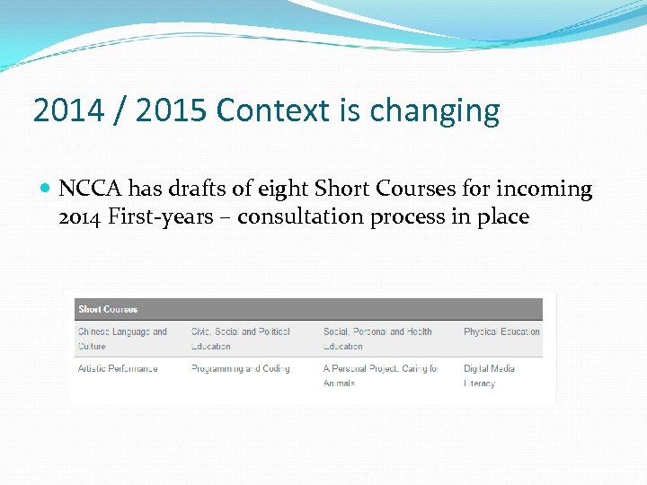 2014 / 2015 Context is changing NCCA has drafts of eight Short Courses for