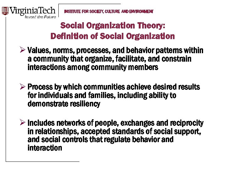 INSTITUTE FOR SOCIETY, CULTURE AND ENVIRONMENT Social Organization Theory: Definition of Social Organization Ø