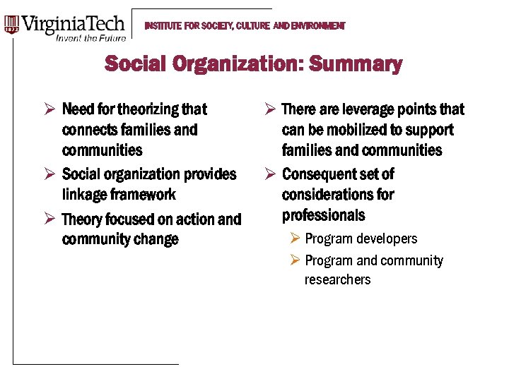 INSTITUTE FOR SOCIETY, CULTURE AND ENVIRONMENT Social Organization: Summary Ø Need for theorizing that