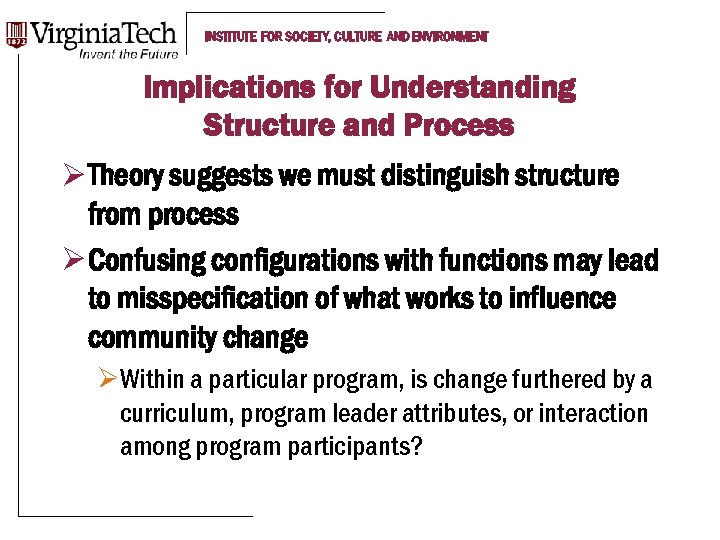 INSTITUTE FOR SOCIETY, CULTURE AND ENVIRONMENT Implications for Understanding Structure and Process Ø Theory