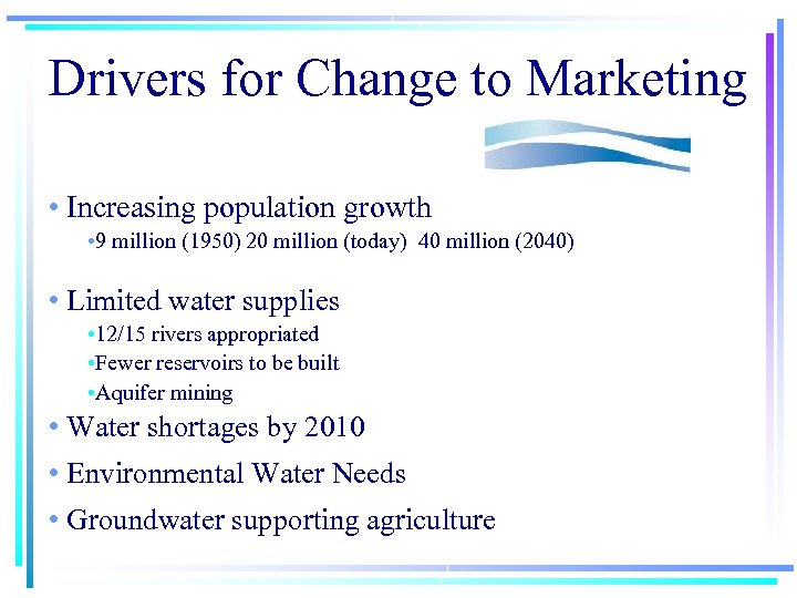 Drivers for Change to Marketing • Increasing population growth • 9 million (1950) 20